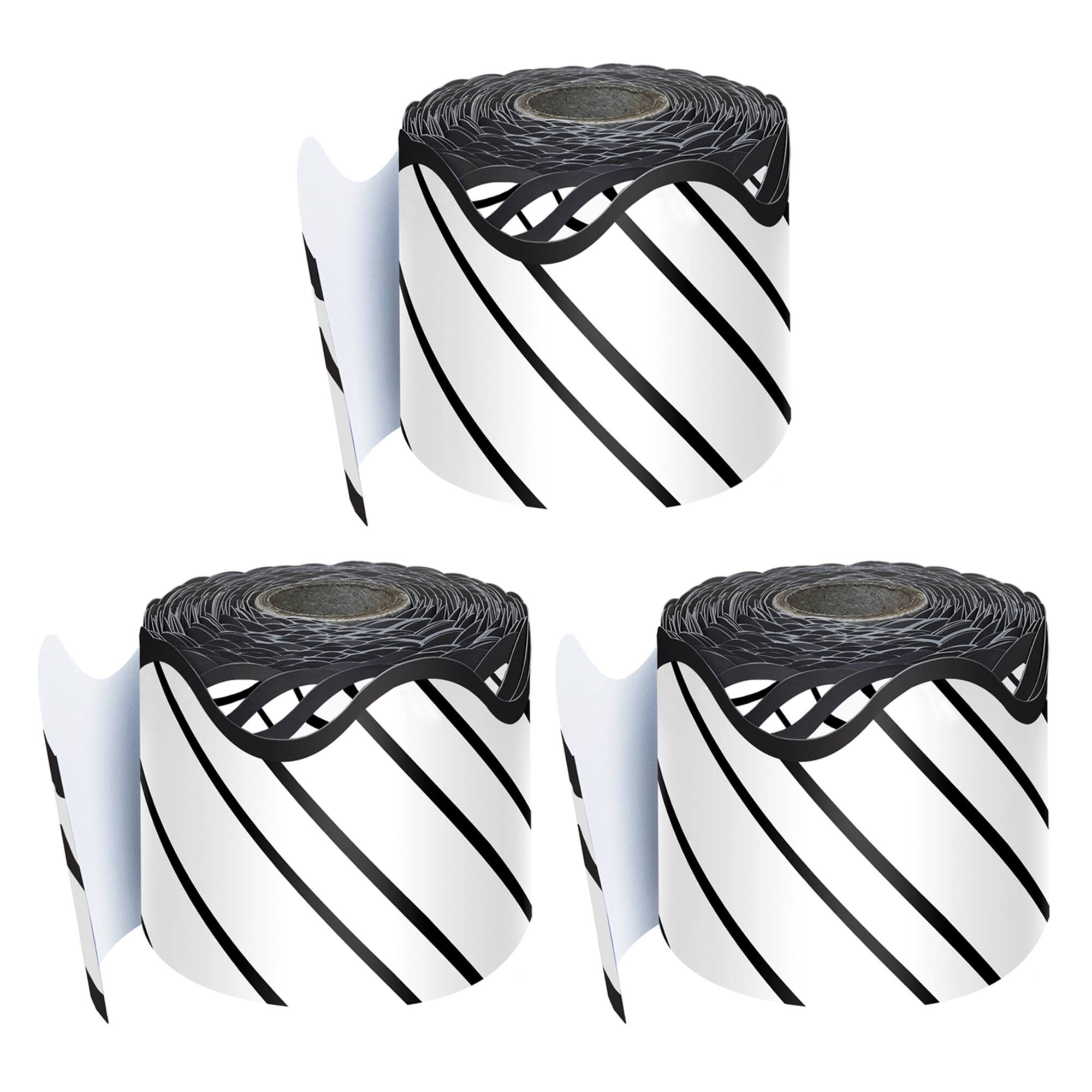 Carson Dellosa® Kind Vibes Black & White Stripes Rolled Scalloped Border, 195ft.
